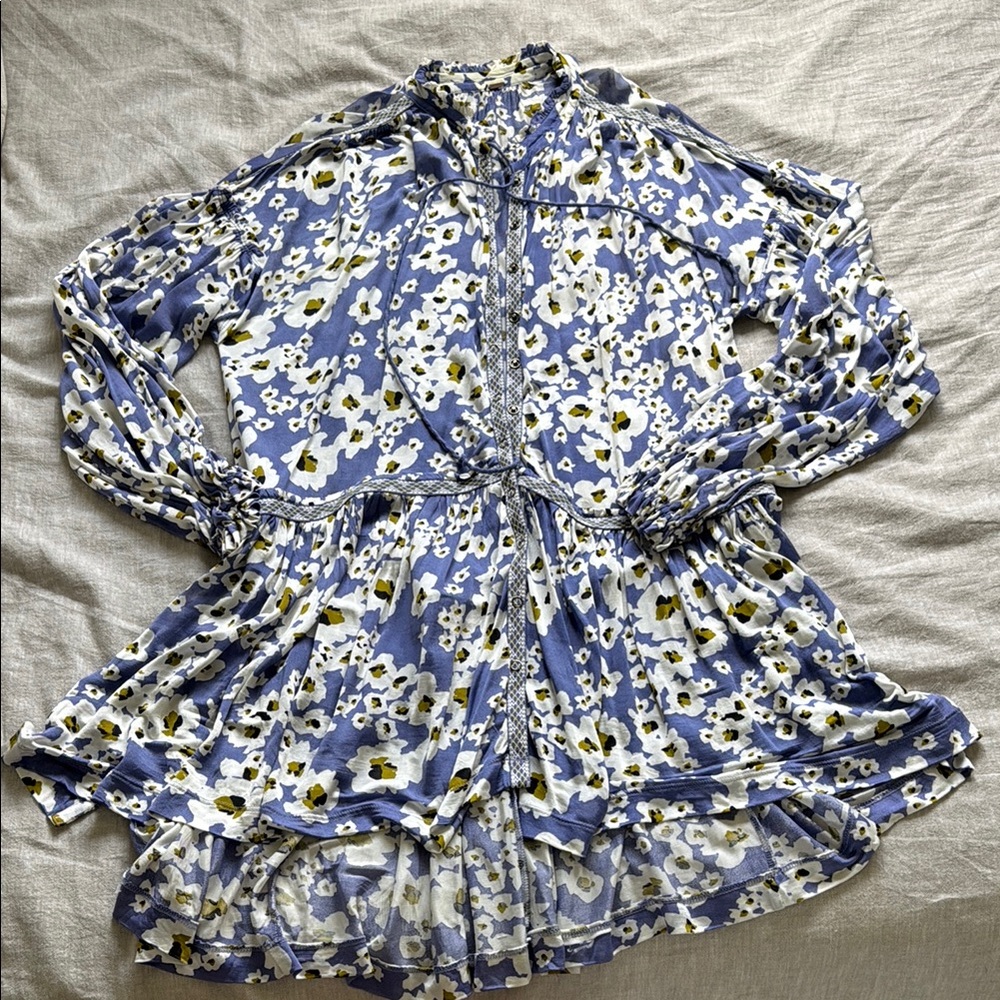 Free People Floral Blue and White Button up Blouse/Dress